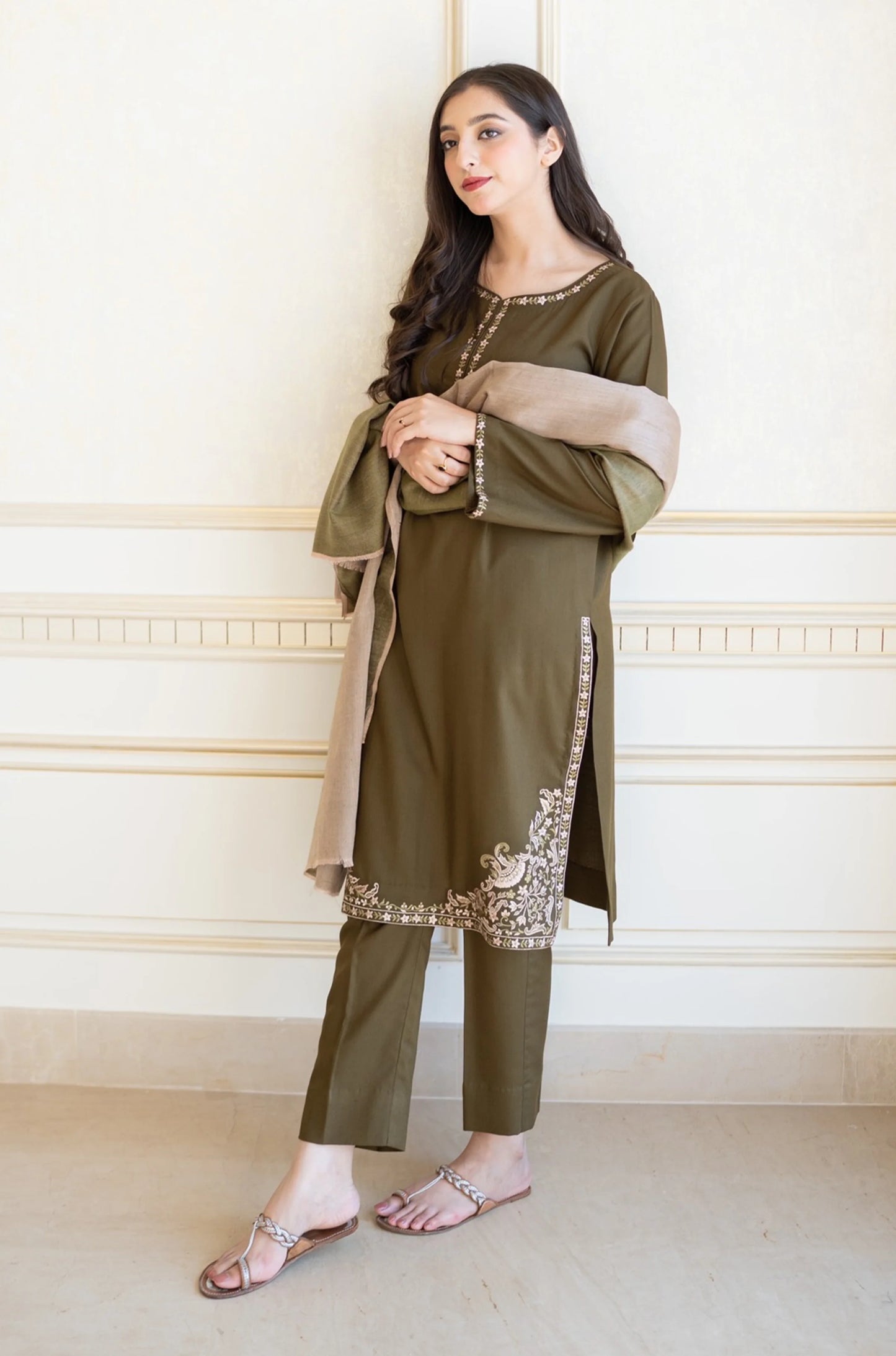 AISLING-3PC DHANAK EMBROIDERED SHIRT WITH COURTRAI PRINTED SHAWL & TROUSER-BIC-4143