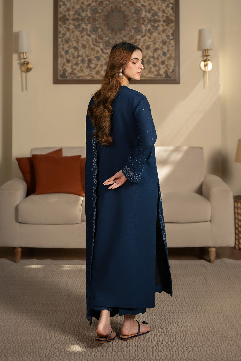 SAPPHIRE-3PC DHANAK EMBROIDERED SHIRT WITH DHANAK EMBROIDERED SHAWL AND TROUSER-BIC-4392