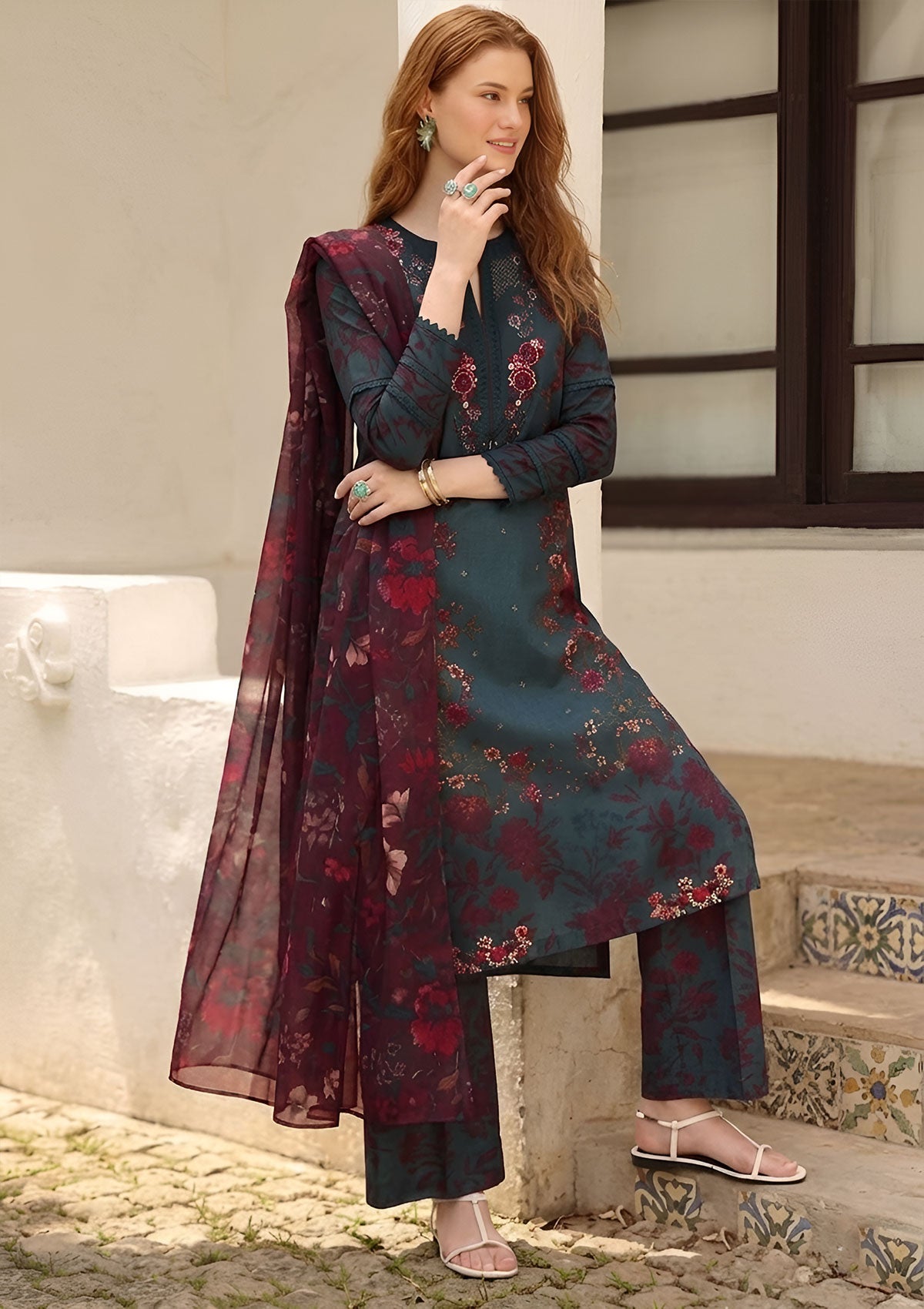 IZNIK-3PC LAWN PRINTED EMBROIDERED SHIRT WITH SILK PRINTED DUPATTA AND PRINTED EMB TROUSER-021