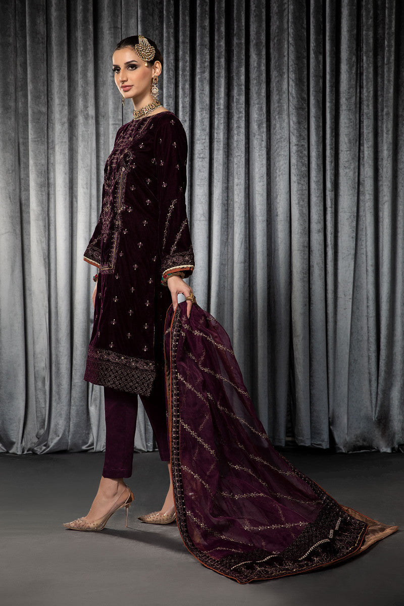 MARIA B -VELVET 3PC- EMBROIDERED WORK SHIRT WITH ORGANZA HEAVY  EMBROIDERED DUPATTA -BIC-D-14- MICRO 9000 VELVET