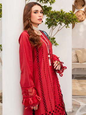 ZAINAB CHOTANI - 3PC CHIKENKARI LAWN EMBROIDERED WITH MONARK PRINT DUPATTA - BIC-4054-RED