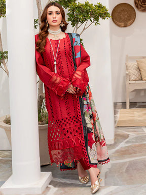 ZAINAB CHOTANI - 3PC CHIKENKARI LAWN EMBROIDERED WITH MONARK PRINT DUPATTA - BIC-4054-RED