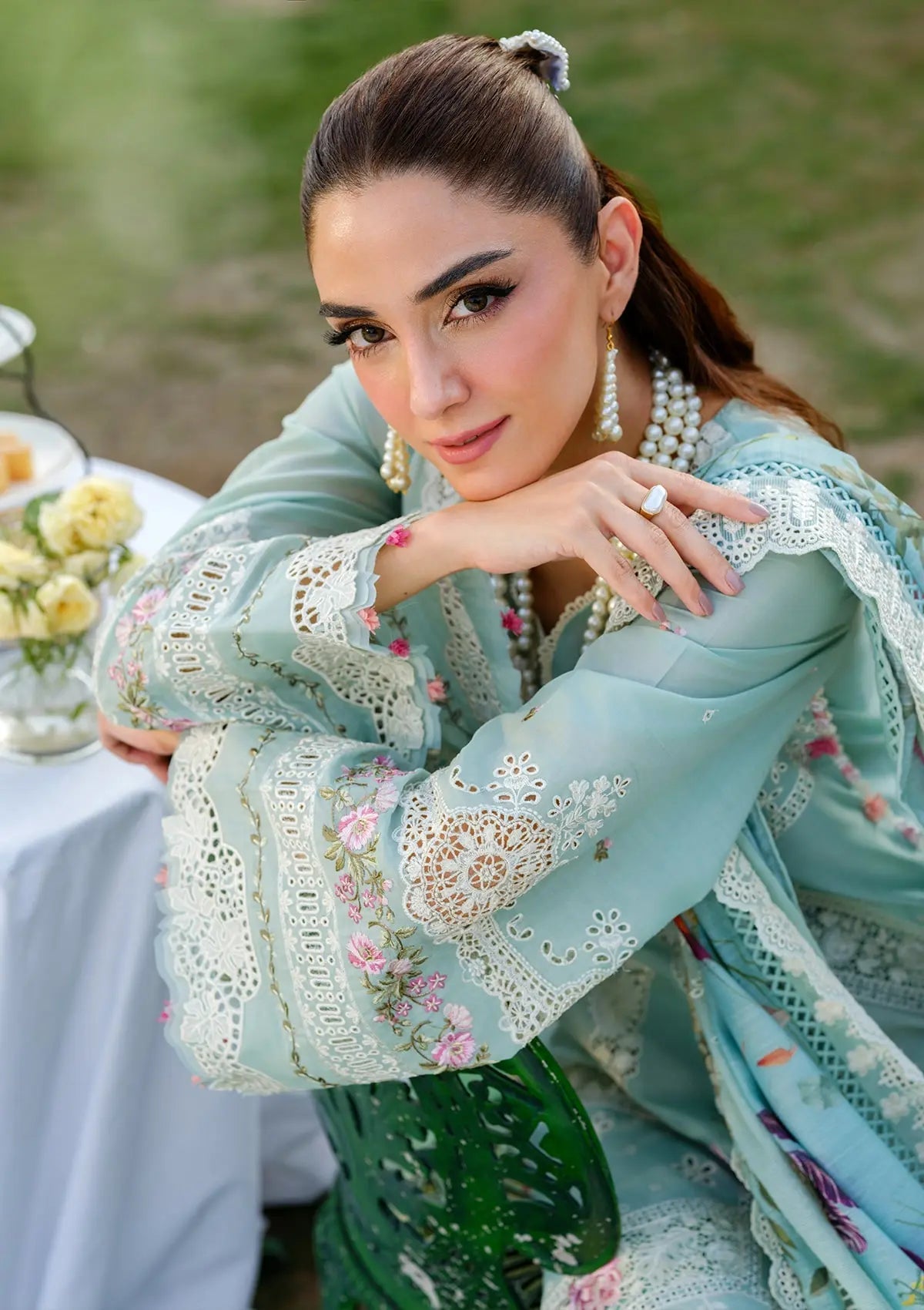 ELAF-3PC LAWN CHIKANKAARI EMBROIDERED SHIRT WITH CHIFFON PRINTED DUPATTA AND TROUSER-BIC-4757