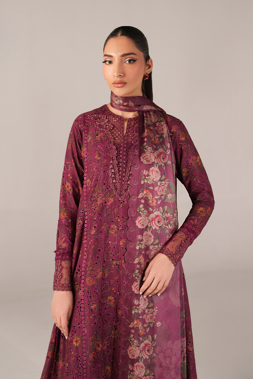 IZNIK-3PC LAWN PRINTED CHIKAN EMB FROCK WITH SILK PRINTED DUPATTA AND TROUSER-BIC-011