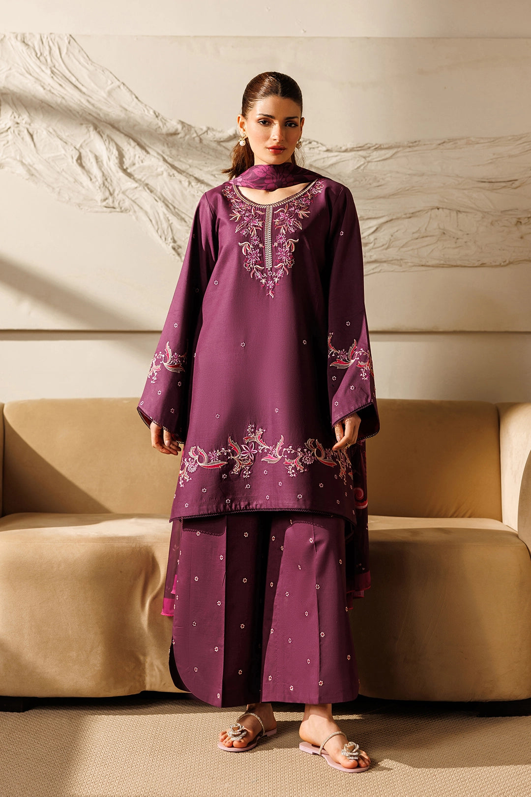 IZNIK-3PC DHANAK EMBROIDERED SHIRT WITH WOOL PRINTED SHAWL AND TROUSER-BIC-5078