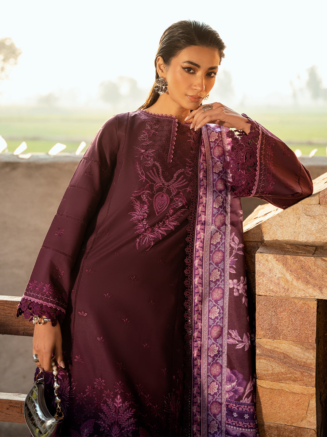 BIN ILYAS-3PC DHANAK EMBROIDERED SHIRT WITH COURTRAI PRINTED SHAWL & DHANAK TOUSER-BIC-4123