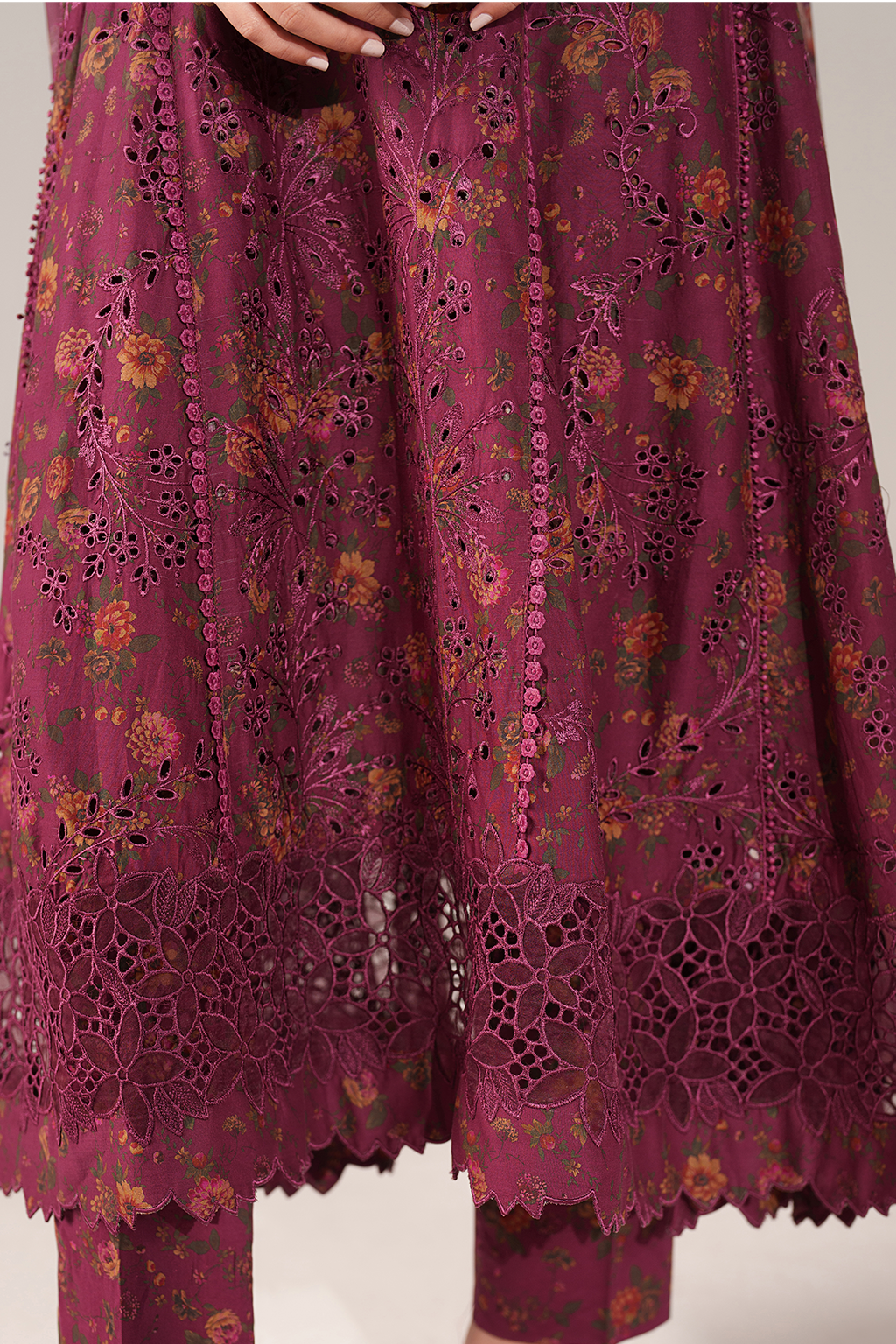 IZNIK-3PC LAWN PRINTED CHIKAN EMB FROCK WITH SILK PRINTED DUPATTA AND TROUSER-BIC-011