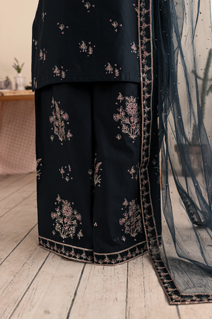 BATIK- 3PC DHANAK EMBROIDERED SHIRT DHANAK EMBROIDERED DUPATTA AND TROUSER-BIC-3289- BLACK
