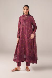 IZNIK-3PC LAWN PRINTED CHIKAN EMB FROCK WITH SILK PRINTED DUPATTA AND TROUSER-BIC-011