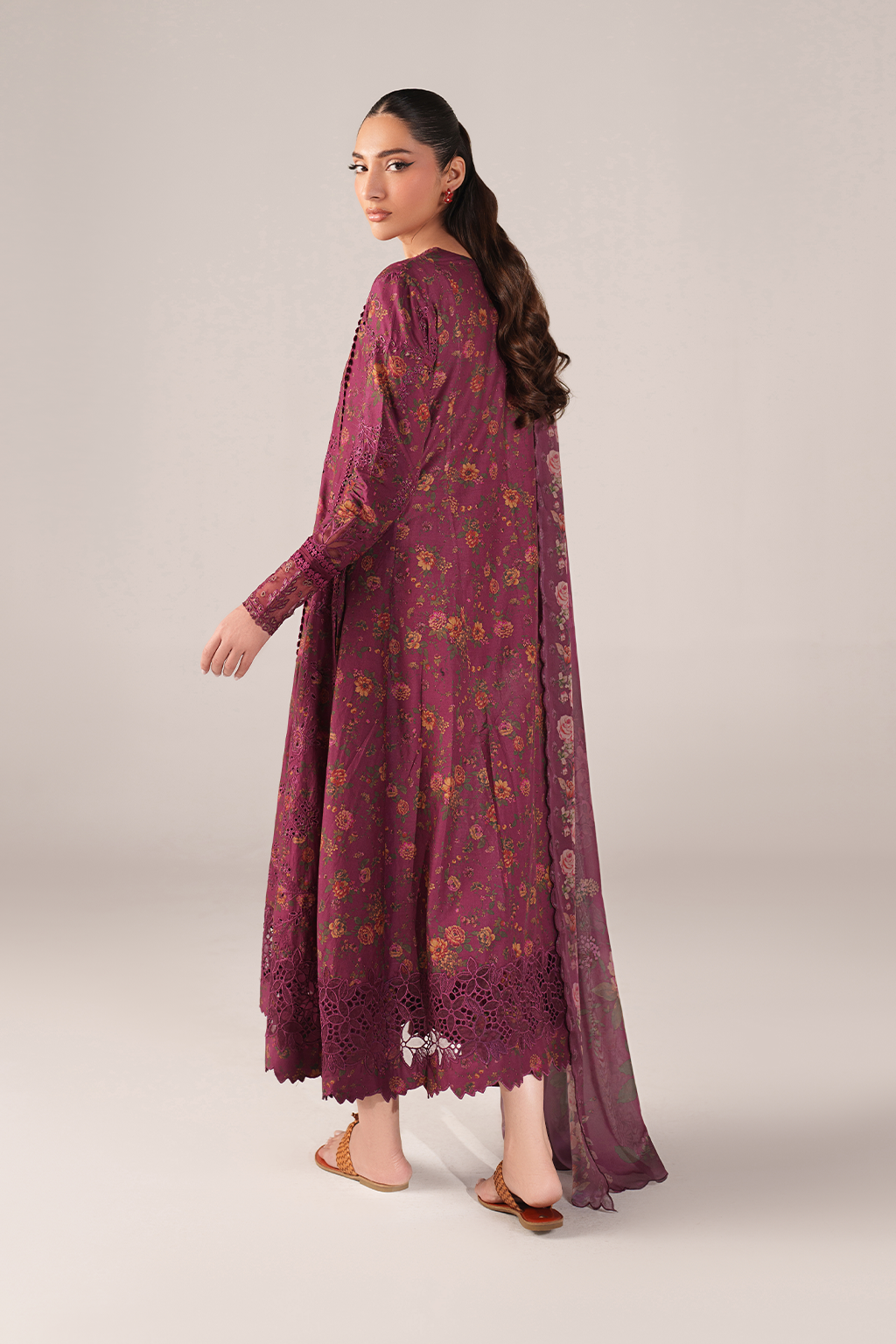 IZNIK-3PC LAWN PRINTED CHIKAN EMB FROCK WITH SILK PRINTED DUPATTA AND TROUSER-BIC-011