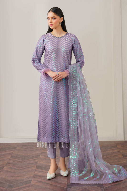 BAROUQE- ORGANZA 3PC SEQUENCE EMBROIDERED SHIRT WITH ORGANZA SEQUENCE EMBROIDERED DUPATTA WITH SILK TROUSER -BIC-PURPLE