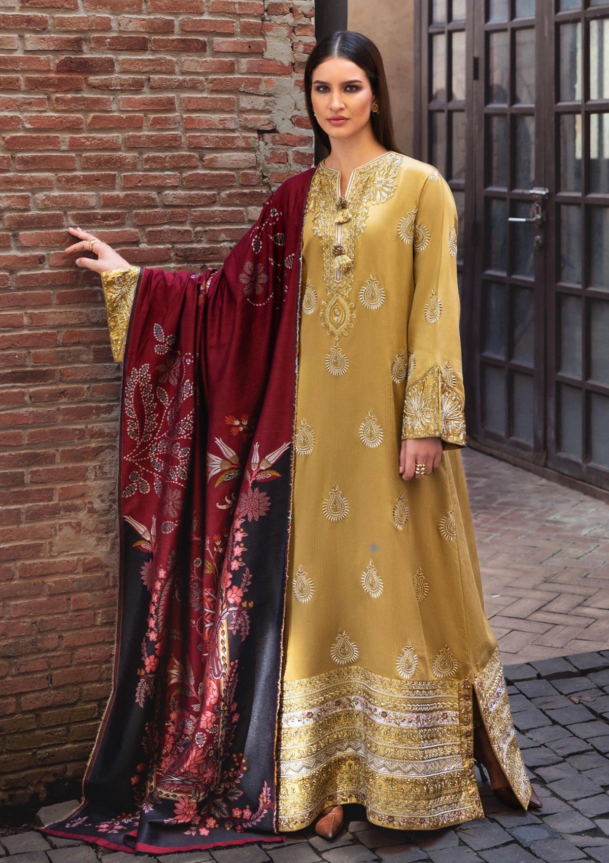 HUSSAIN REHAR-3PC DHANAK EMBROIDERED SHIRT WITH WOOL DIGITAL PRINT SHAWL AND TROUSER-BIC-5157