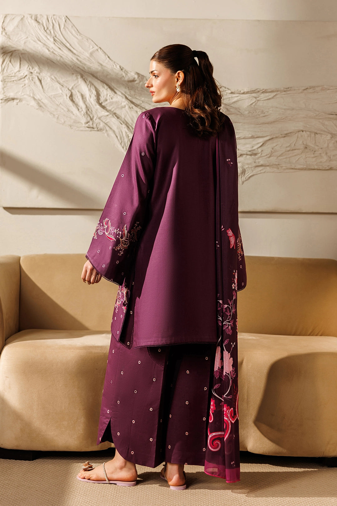 IZNIK-3PC DHANAK EMBROIDERED SHIRT WITH WOOL PRINTED SHAWL AND TROUSER-BIC-5078