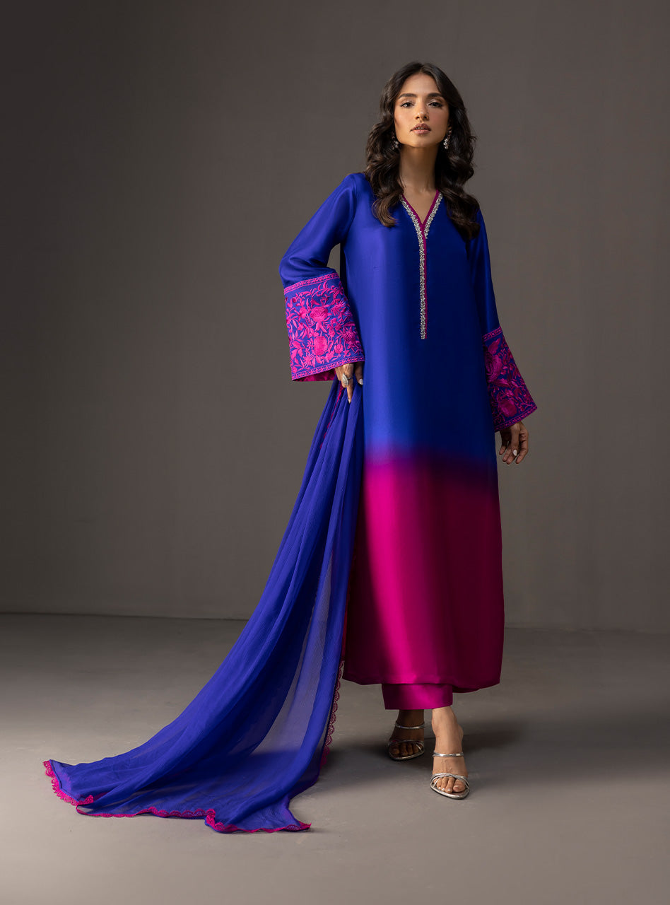 ZAINAB CHOTTANI-3PC SHAMOZE SILK PRINTED EMB SHIRT WITH SOFT SILK PRINTED DUPATTA & TROUSER BIC-
