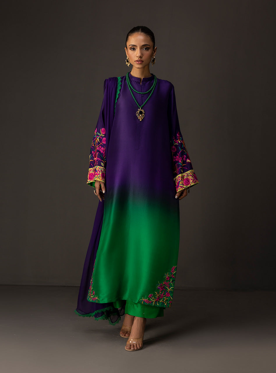 ZAINAB CHOTTANI-3PC SHAMOZE SILK TYE&DYE EMB SHIRT WITH SOFT SILK PRINTED DUPATTA & TROUSER BIC-1727