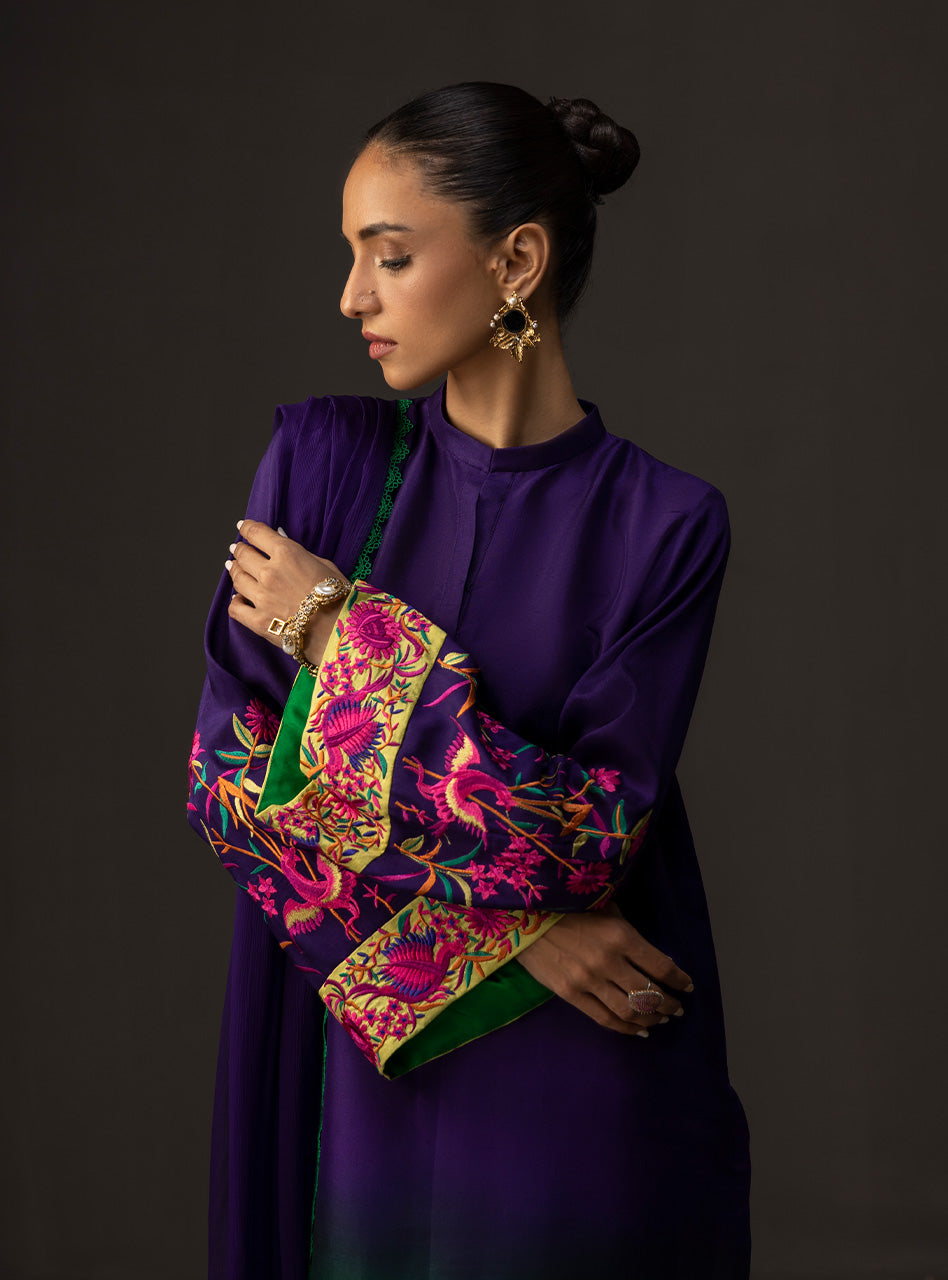 ZAINAB CHOTTANI-3PC SHAMOZE SILK TYE&DYE EMB SHIRT WITH SOFT SILK PRINTED DUPATTA & TROUSER BIC-1727