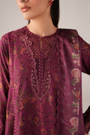 IZNIK-3PC LAWN PRINTED CHIKAN EMB FROCK WITH SILK PRINTED DUPATTA AND TROUSER-BIC-011