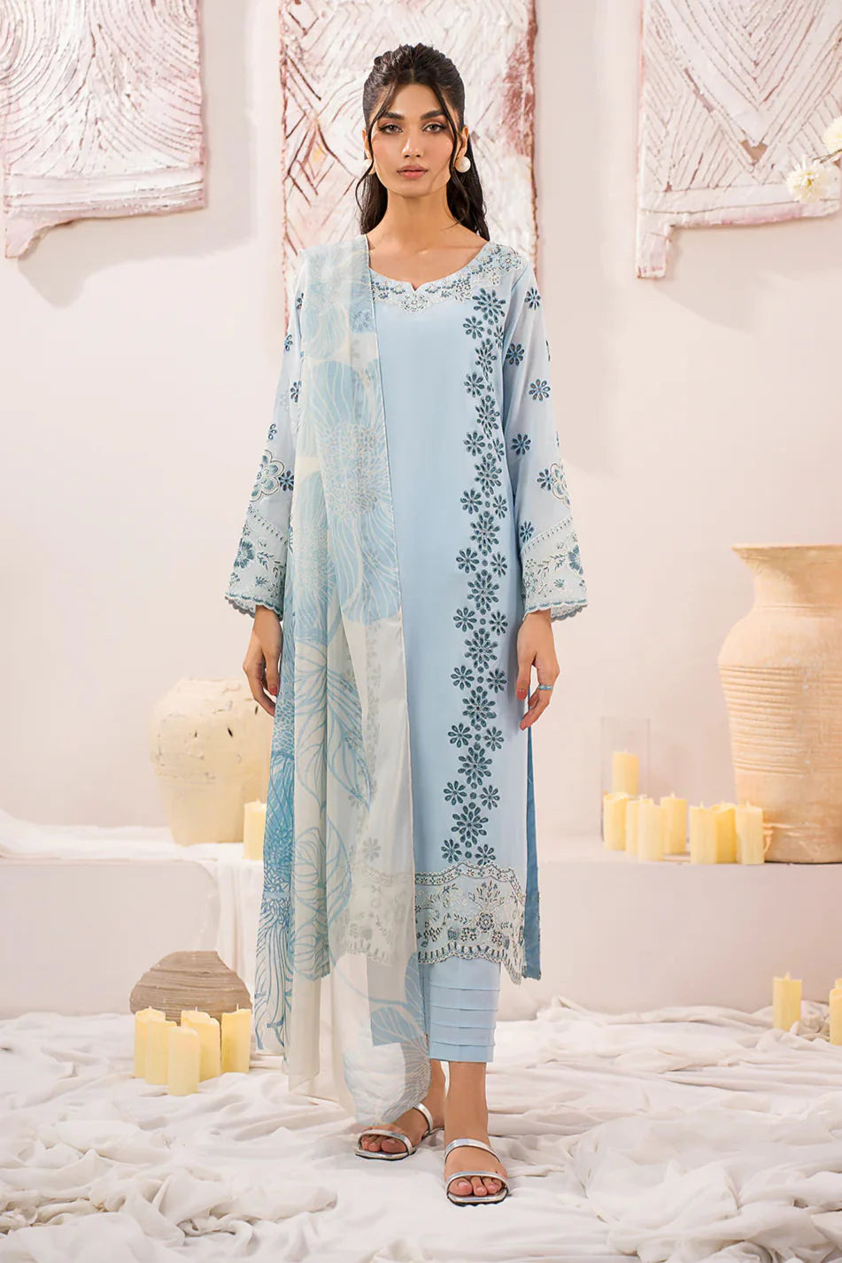 IZNIK - 3PC LAWN BORER EMBROIDERED SHIRT WITH MONARK PRINTED DUPATTA AND TROUSER-BIC-3739