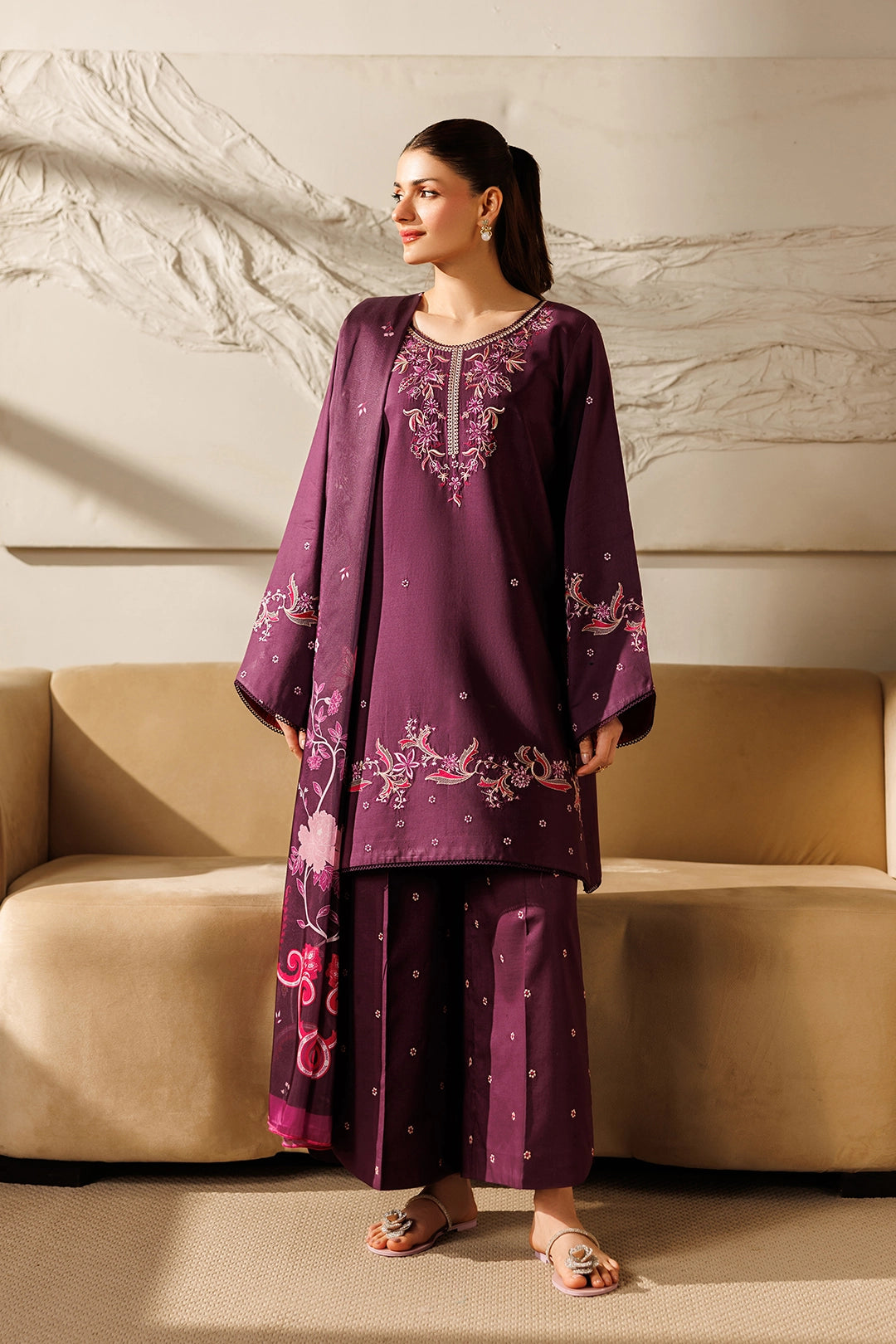 IZNIK-3PC DHANAK EMBROIDERED SHIRT WITH WOOL PRINTED SHAWL AND TROUSER-BIC-5078