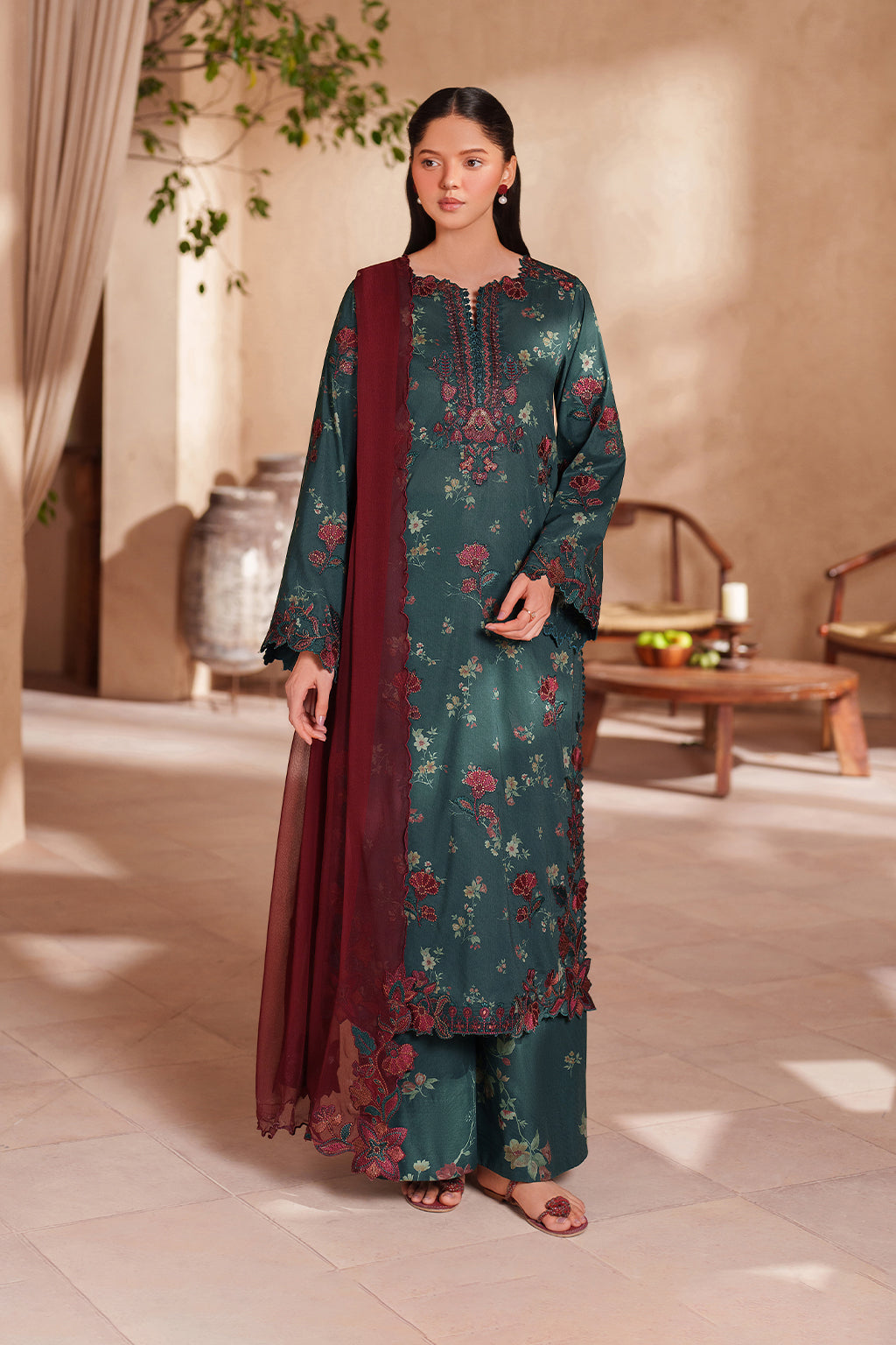 IZNIK-3PC LAWN EMB PRINTED SHIRT WITH CHIFFON EMBROIDERED AND PRINTED TROUSER-BIC-029