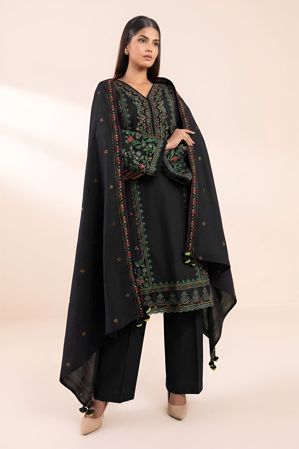 SAPPHIRE- 3PC LAWN EMBROIDERED SHIRT WITH LAWN EMBROIDERED DUPATTA AND TROUSER-BIC-3603 (BLACK)