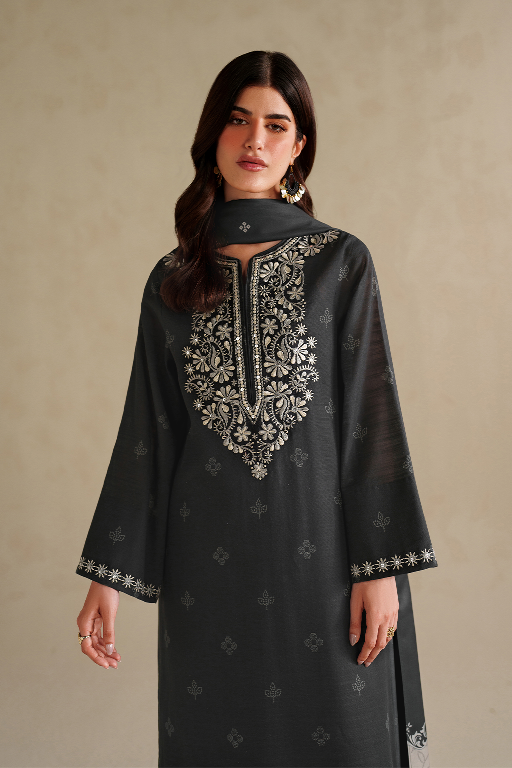 IZNIK-3PC DHANAK EMBROIDERED SHIRT WITH WOOL DIGITAL PRINT SHAWL AND TROUSER-BIC-5174