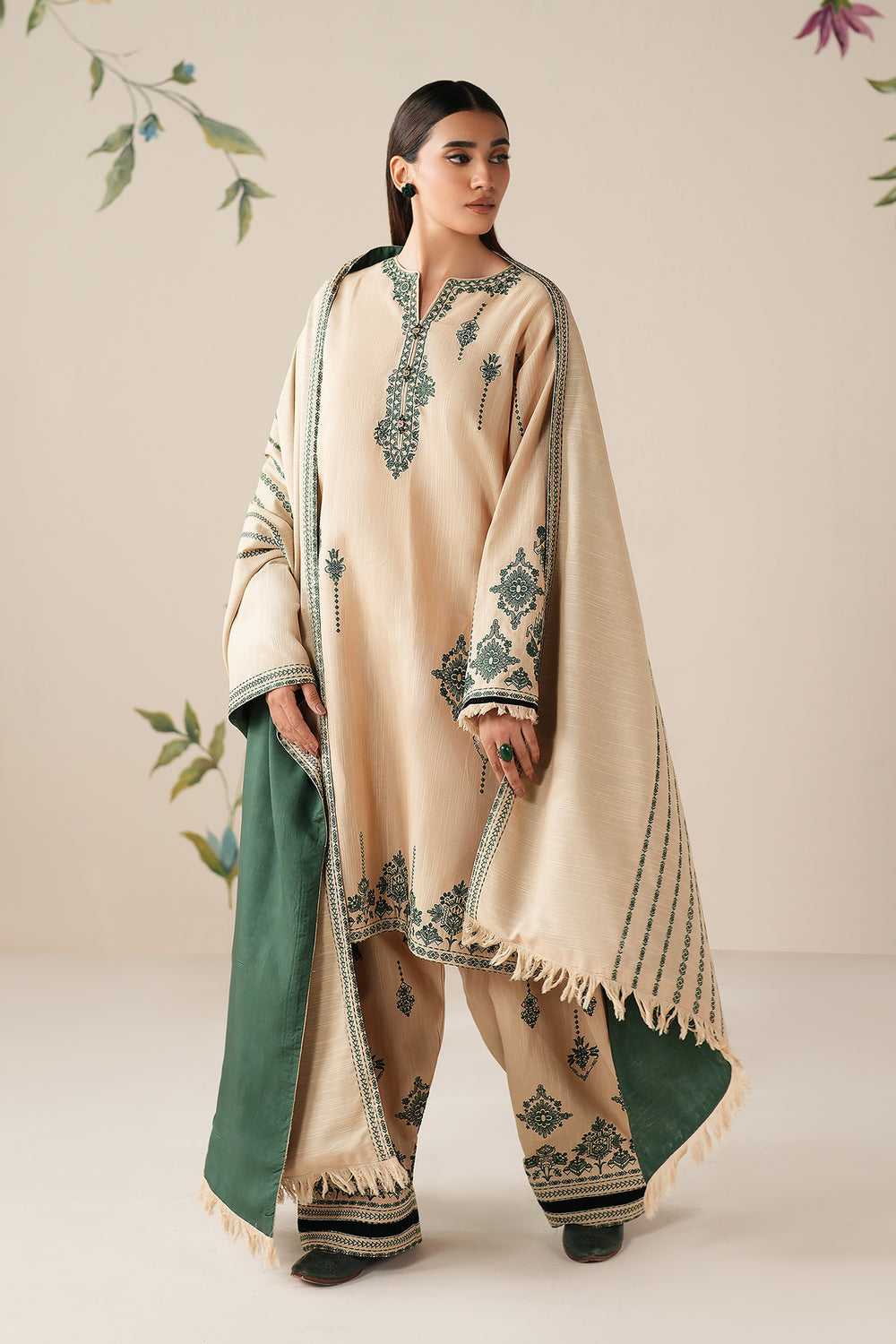 BAROUQE-3PC DHANAK EMBROIDERED SHIRT WITH DHANAK EMBROIDERED SHAWL AND TROUSER -BIC