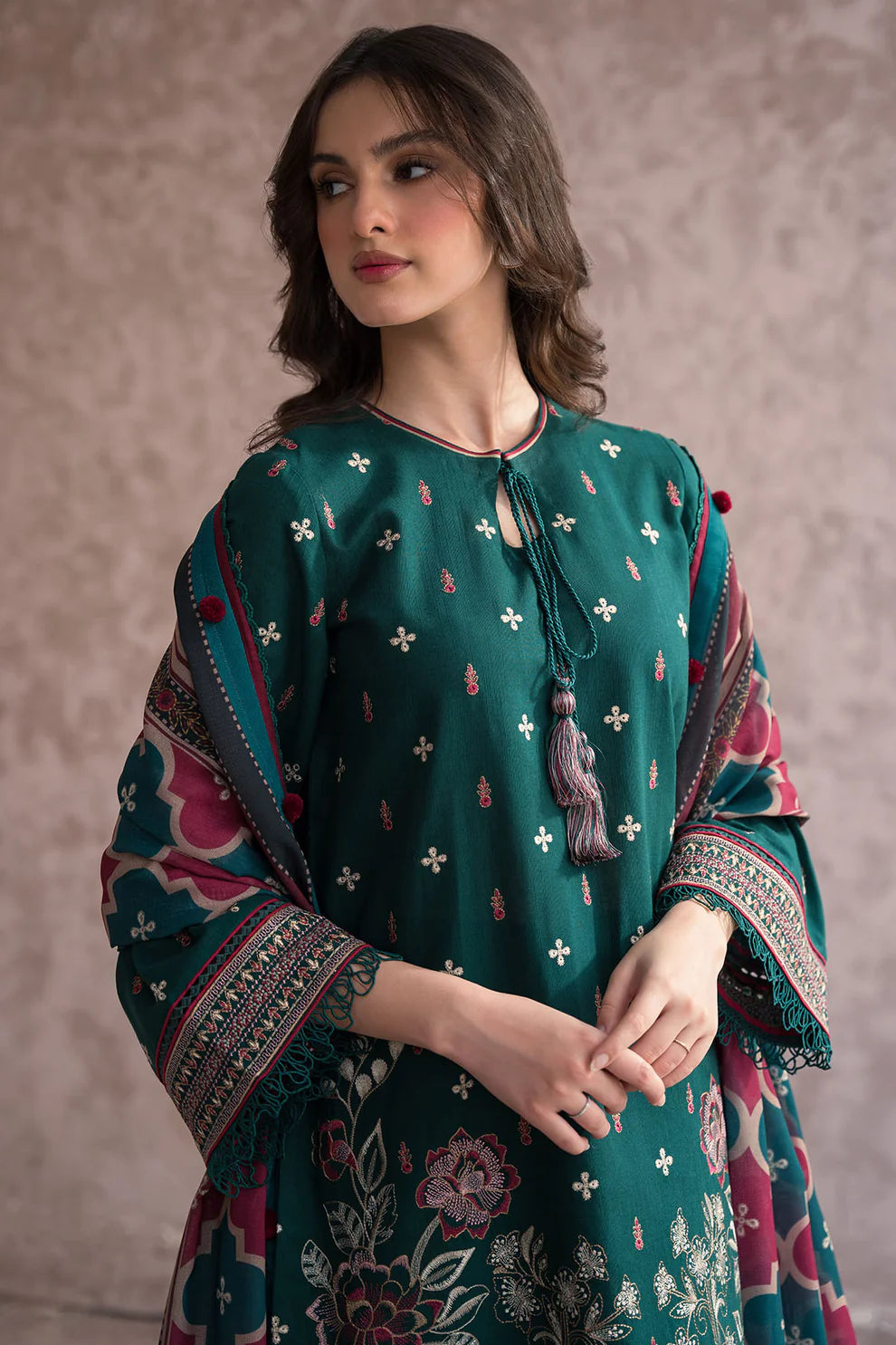 JAZMIN-3PC DHANAK EMBROIDERED WITH COUTRAI WOOL PRINT SHAWL & TROUSER-BIC-2611