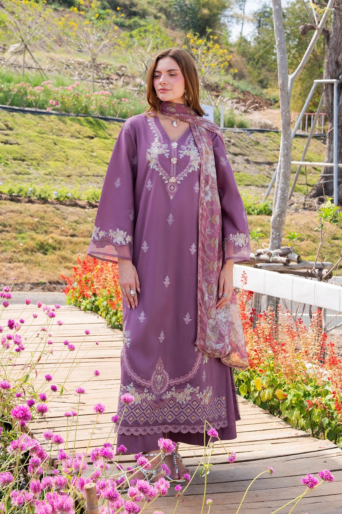 GARNET-3PC LAWN EMBROIDERED SHIRT WITH CHIFFON PRINTED DUPATTA AND TROUSER-BIC-4861