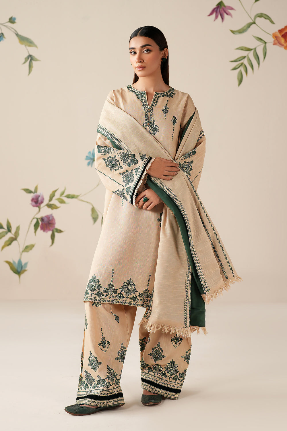 BAROUQE-3PC DHANAK EMBROIDERED SHIRT WITH DHANAK EMBROIDERED SHAWL AND TROUSER -BIC