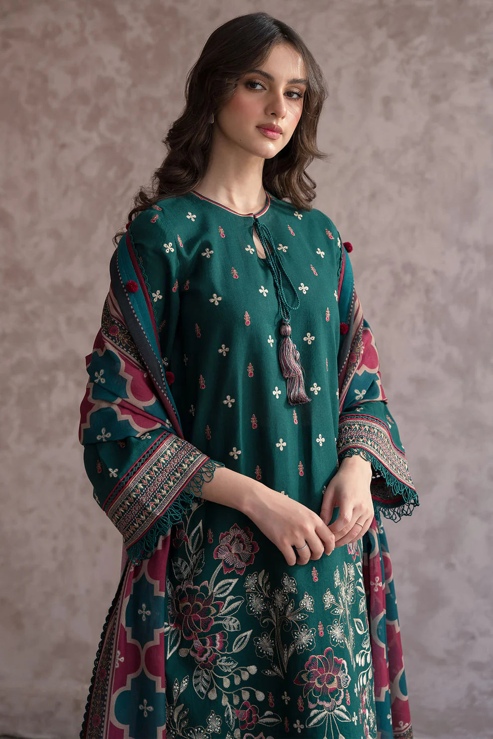 JAZMIN-3PC DHANAK EMBROIDERED WITH COUTRAI WOOL PRINT SHAWL & TROUSER-BIC-2611