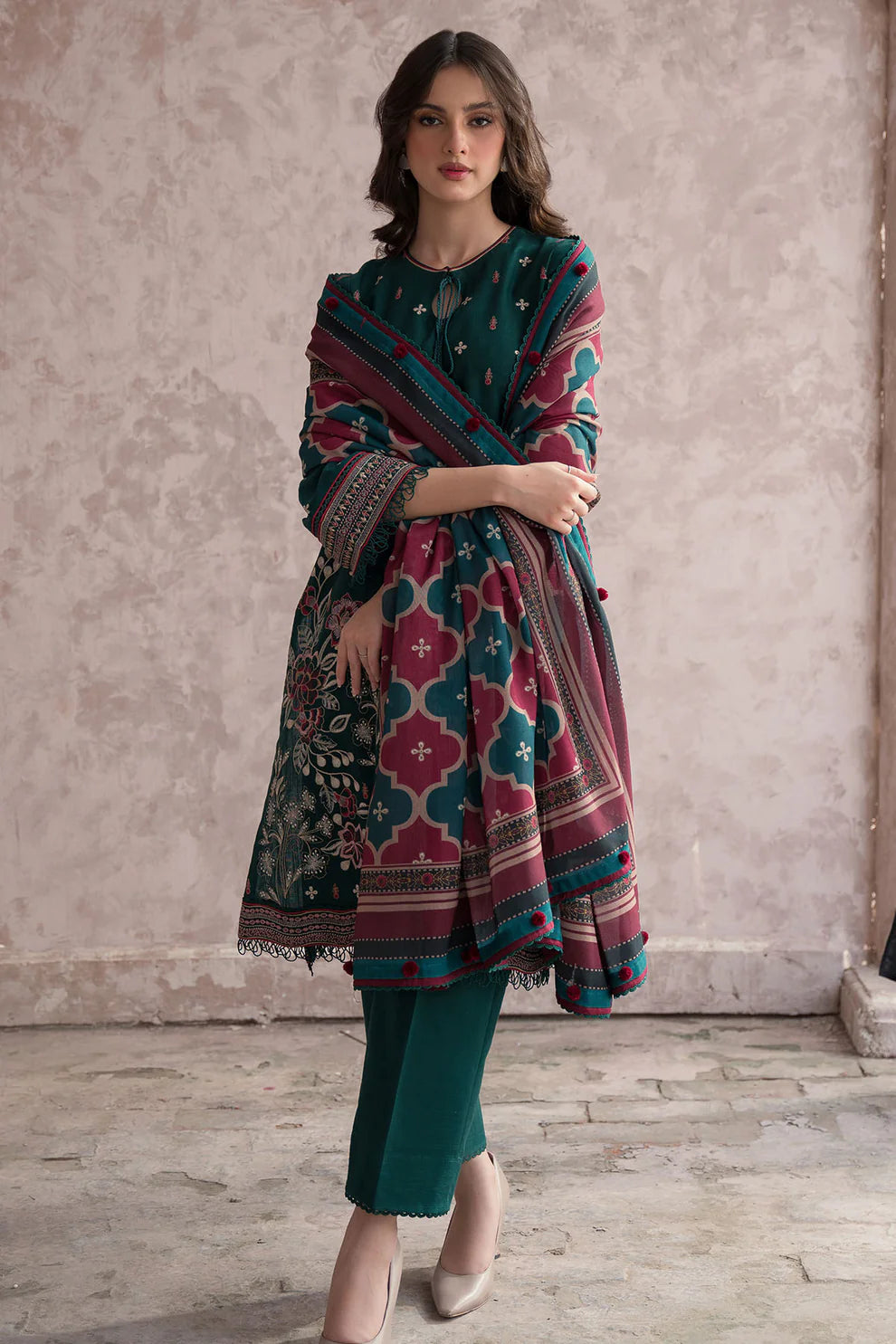 JAZMIN-3PC DHANAK EMBROIDERED WITH COUTRAI WOOL PRINT SHAWL & TROUSER-BIC-2611