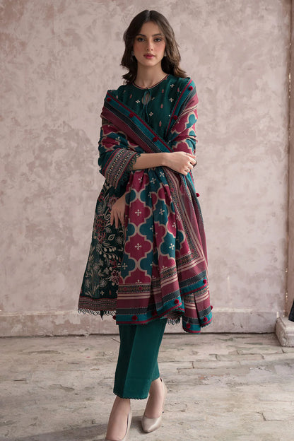 JAZMIN-3PC DHANAK EMBROIDERED WITH COUTRAI WOOL PRINT SHAWL & TROUSER-BIC-2611