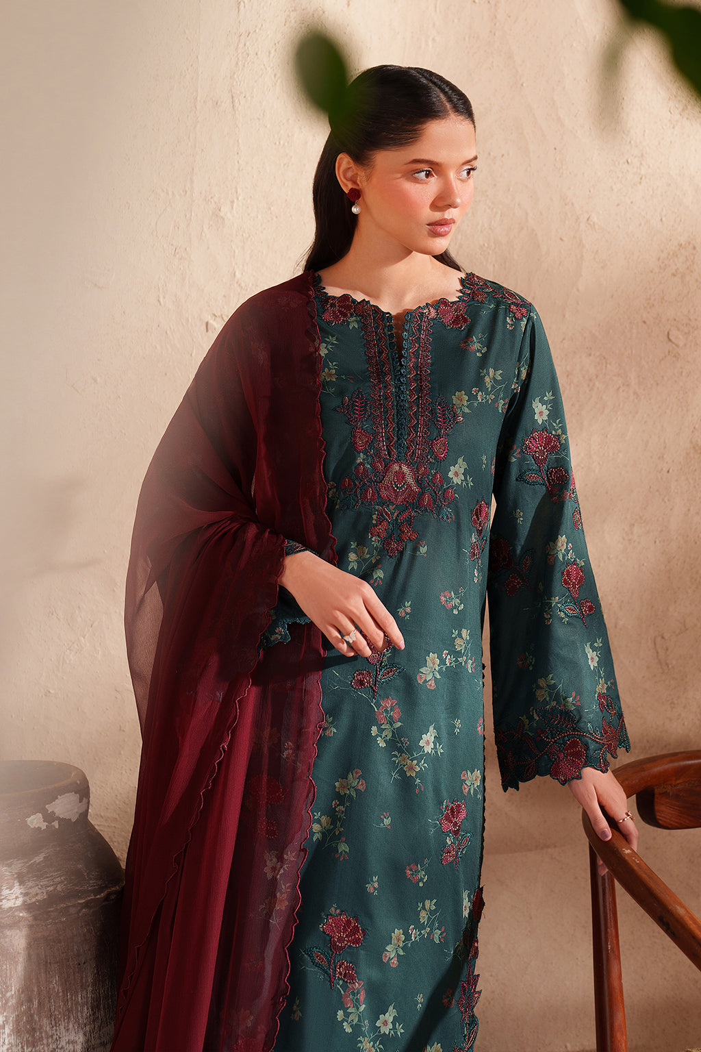 IZNIK-3PC LAWN EMB PRINTED SHIRT WITH CHIFFON EMBROIDERED AND PRINTED TROUSER-BIC-029