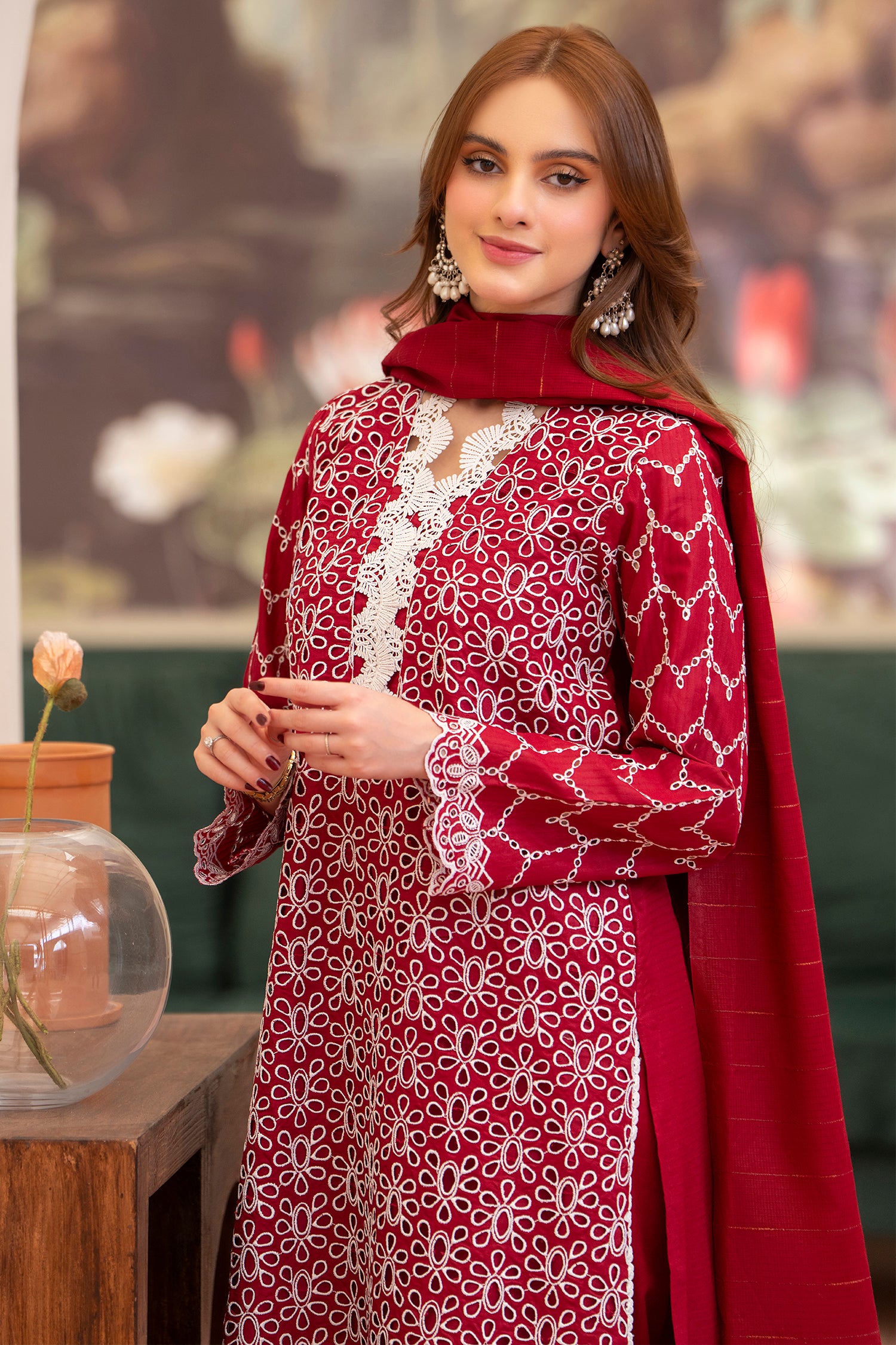 MIRAKHI-3PC LAWN CHIKENKARI EMBROIDERED SHIRT WITH LAWN TUBE SLUB DUPATTA-BIC-6500