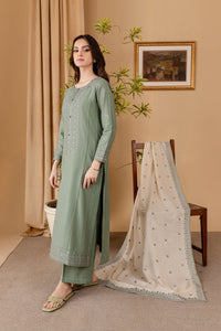 BATIK-3PC DHANAK EMBROIDERED SHIRT WITH DHANAK EMBROIDERED SHAWL AND TROUSER-BIC-4011