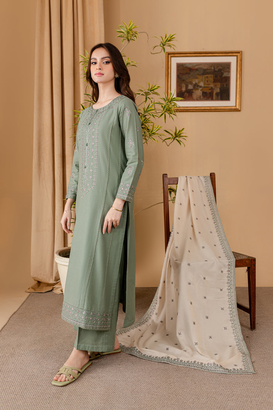 BATIK-3PC DHANAK EMBROIDERED SHIRT WITH DHANAK EMBROIDERED SHAWL AND TROUSER-BIC-4011