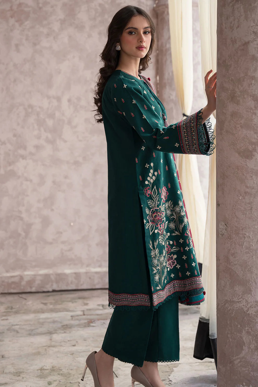 JAZMIN-3PC DHANAK EMBROIDERED WITH COUTRAI WOOL PRINT SHAWL & TROUSER-BIC-2611