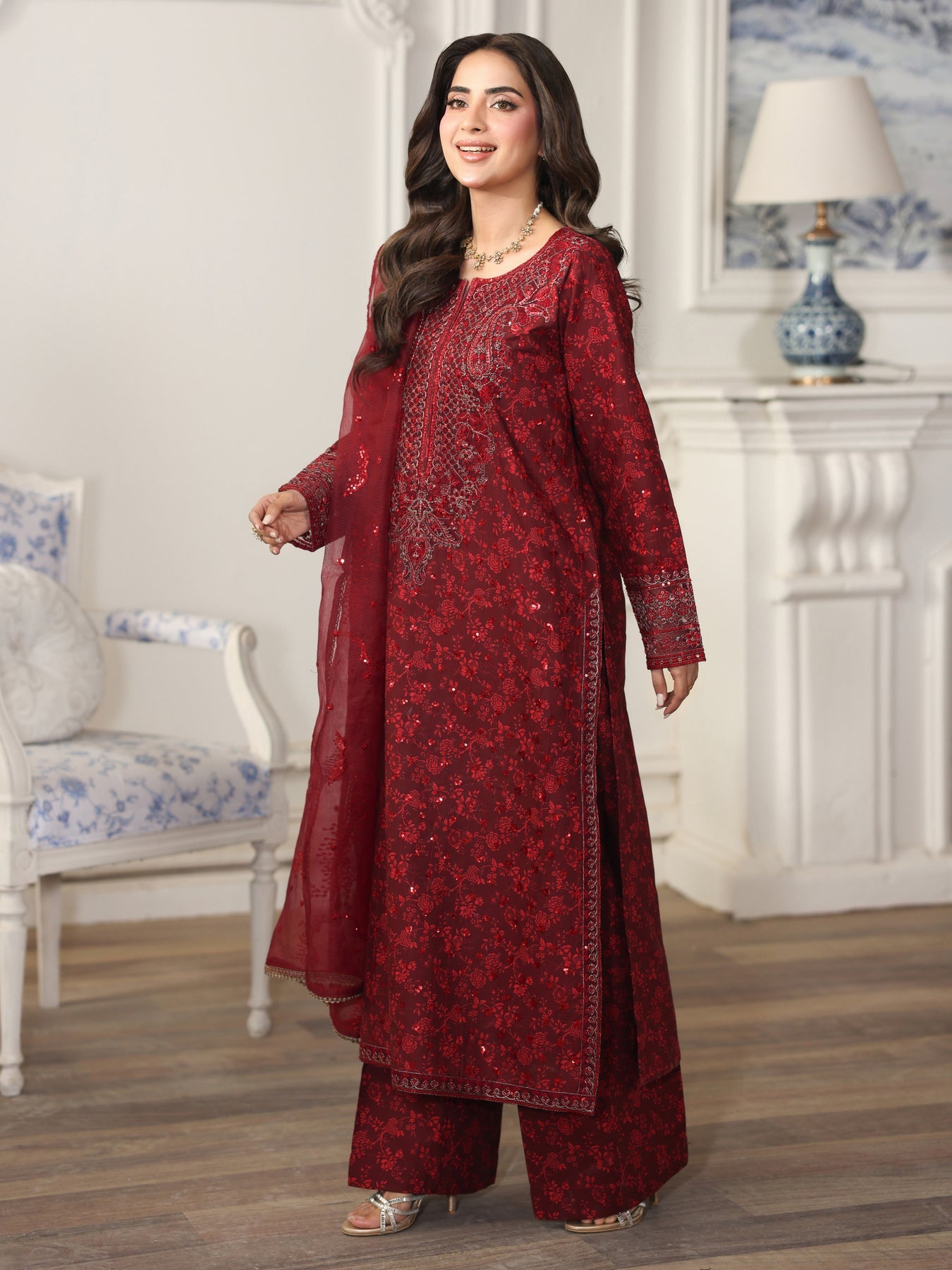 MOHAGNI-3PC LAWN PRINTED EMBROIDERED SHIRT WITH ORGANZA EMBROIDERED DUPATTA AND PRINT TROUSER-003
