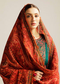 HUSSAIN REHAR-3PC DHANAK EMBROIDERED SHIRT WITH COURTRAI PRINTED SHAWL AND TROUSER-BIC-