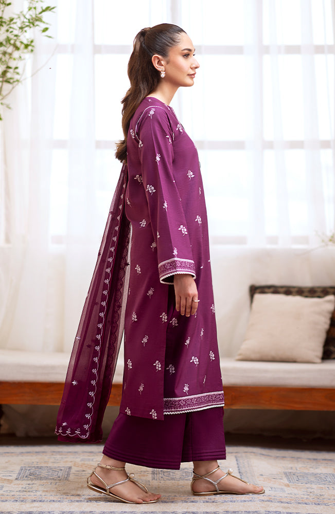 SERAN-3PC DHANAK EMBROIDRED SHIRT WITH DHANAK EMBROIDRED SHAWL AND TROUSER-BIC-