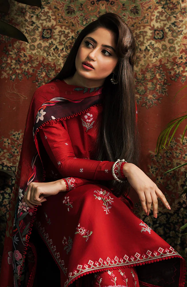 SERAN-3PC LAWN EMBROIDERED SHIRT WITH MONARK PRINT DUPATTA & EMB TROUSER-BIC-3646
