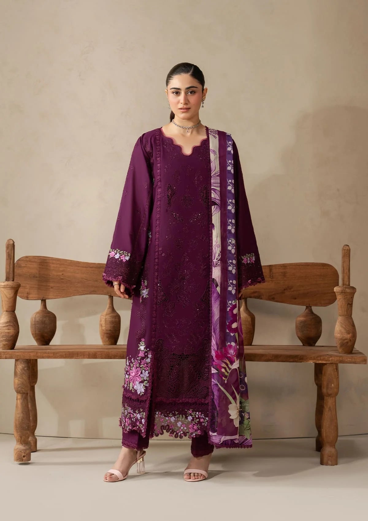 ELAF-3PC DHANAK EMBROIDERED SHIRT WITH COUTRAI PRINTED SHAWL AND TROUSER-BIC-5253