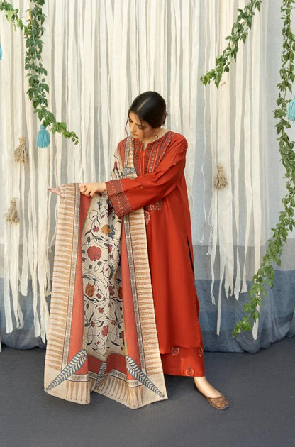 URGE - 3PC DHANAK EMBROIDERED SHIRT WITH COUTURE WOOL PRINT SHAWL AND TROUSER-BIC-2692