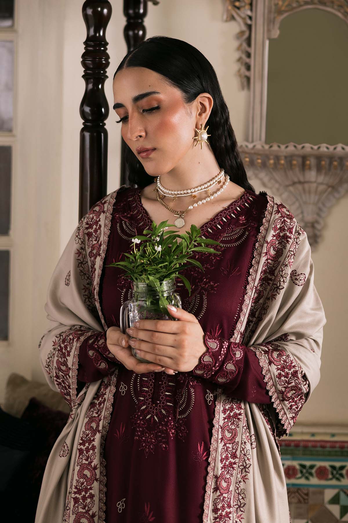 NUREH-3PC DHANAK EMBROIDERED SHIRT WITH DHANAK EMBROIDERED SHAWL AND TROUSER-BIC-4375