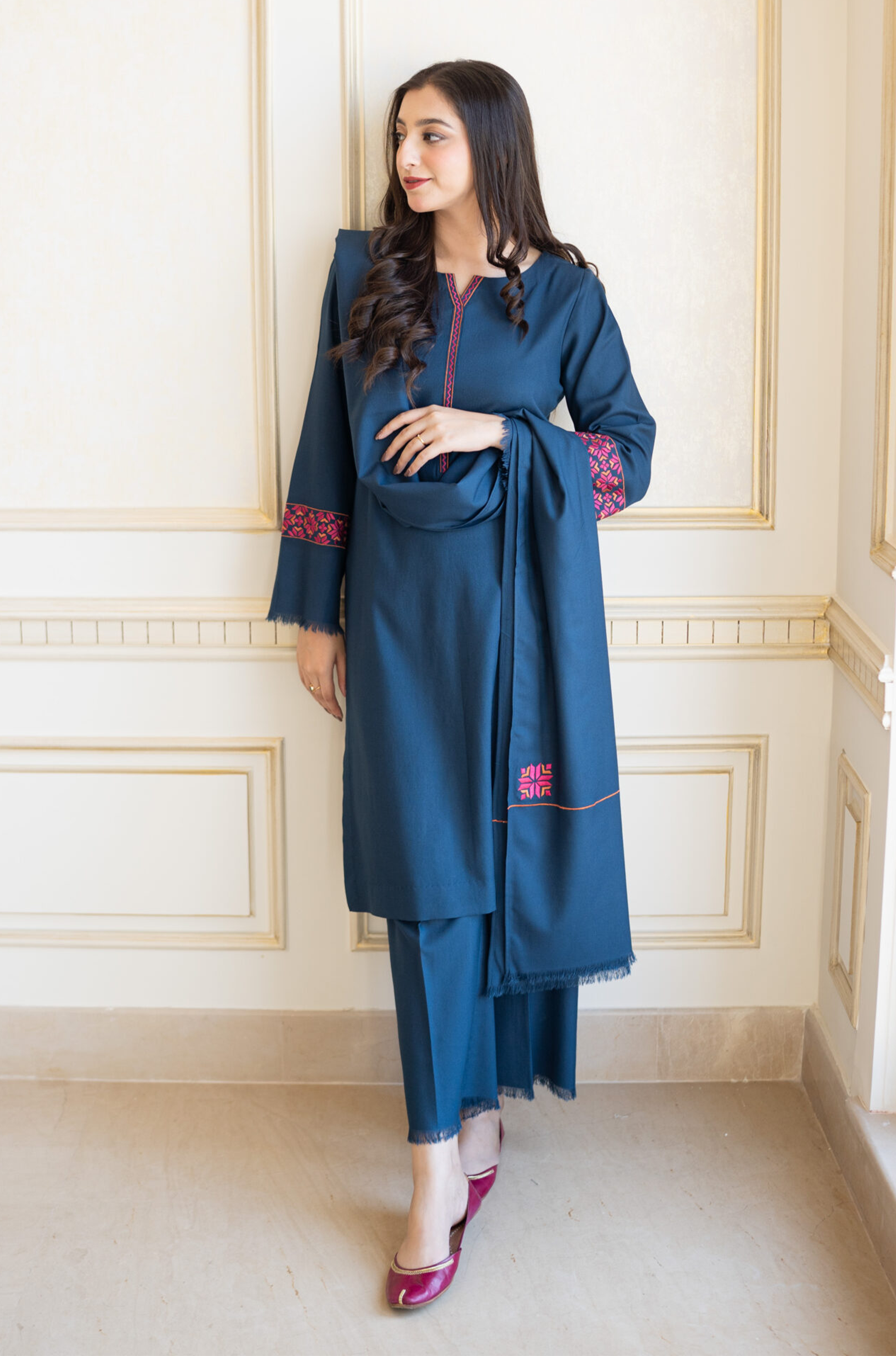 AISLING-3PC DHANAK EMBROIDERED SHIRT WITH DHANAK EMBROIDERED SHAWL & TROUSER -BIC-3132