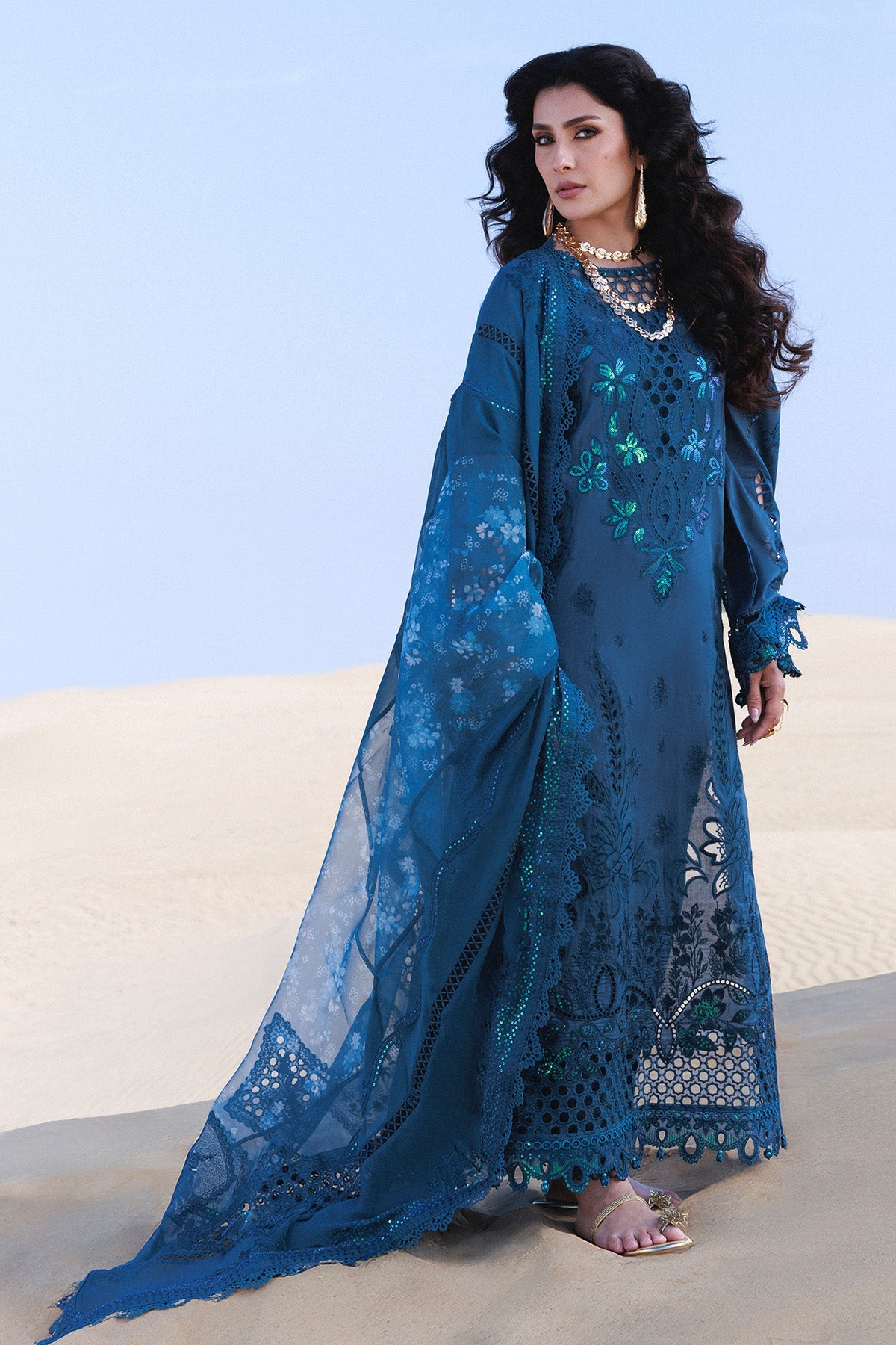 NUREH-3PC LAWN LASERWORK EMBROIDERED SHIRT WITH CHIFFON PRINTED EMB DUPATTA AND TROUSER-BIC-4784