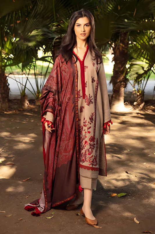 ZAINAB CHOTTANI - 3PC DHANAK EMBROIDERED SHIRT WITH COUTRAI WOOL PRINT SHAWL AND TROUSER -BIC-4039