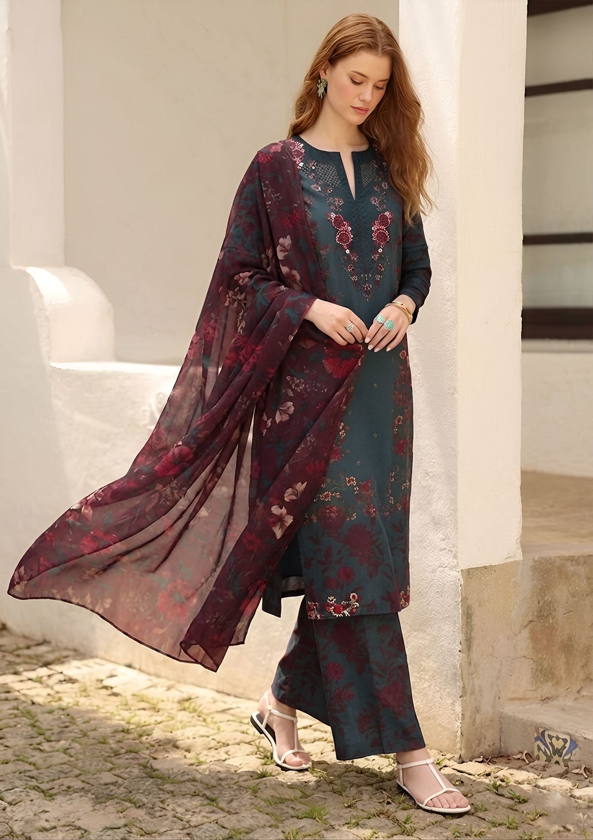 IZNIK-3PC LAWN PRINTED EMBROIDERED SHIRT WITH SILK PRINTED DUPATTA AND PRINTED EMB TROUSER-021