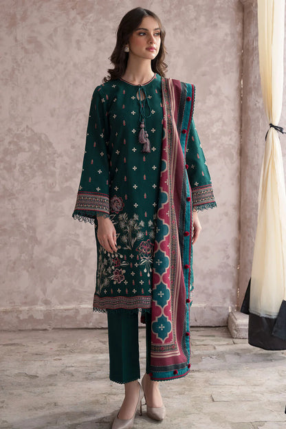 JAZMIN-3PC DHANAK EMBROIDERED WITH COUTRAI WOOL PRINT SHAWL & TROUSER-BIC-2611